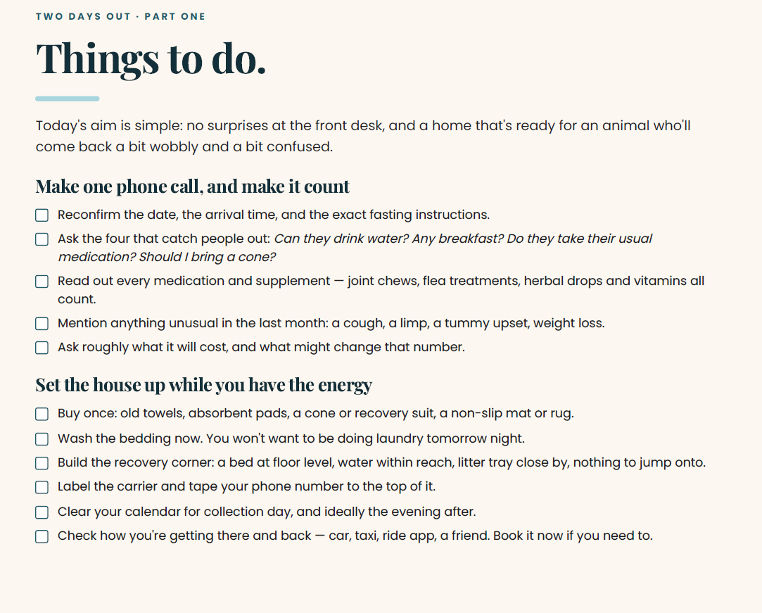 48 Hours Out: Pet Surgery Prep Checklist